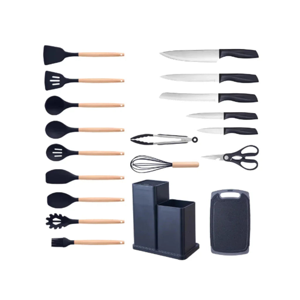 Kit Utensílios de Cozinha Completo – 19 Peças com Tábua de Silicone, Espátula, Faca e Tesoura