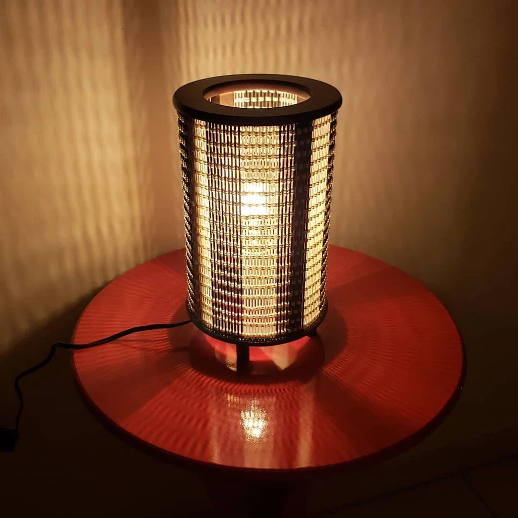 Abajur Luminária Cilindrico Cúpula Madeira E Fibra - Nidus