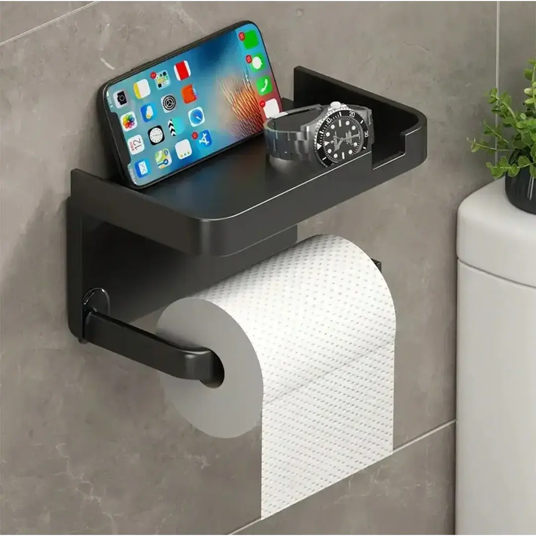 Suporte para Papel Higiênico Nidus House – Preto Fosco, Anticorrosivo (Fixação com ou sem Furos)