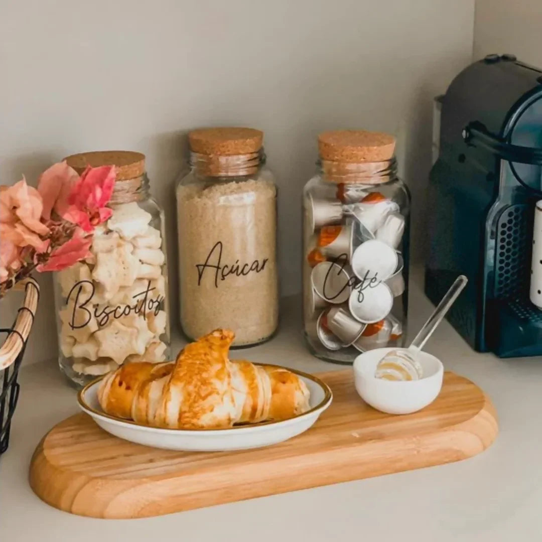 3 Potes de Vidro 810ml com Tampa de Rolha e Adesivos para Café, Açúcar e Biscoitos - Nidus