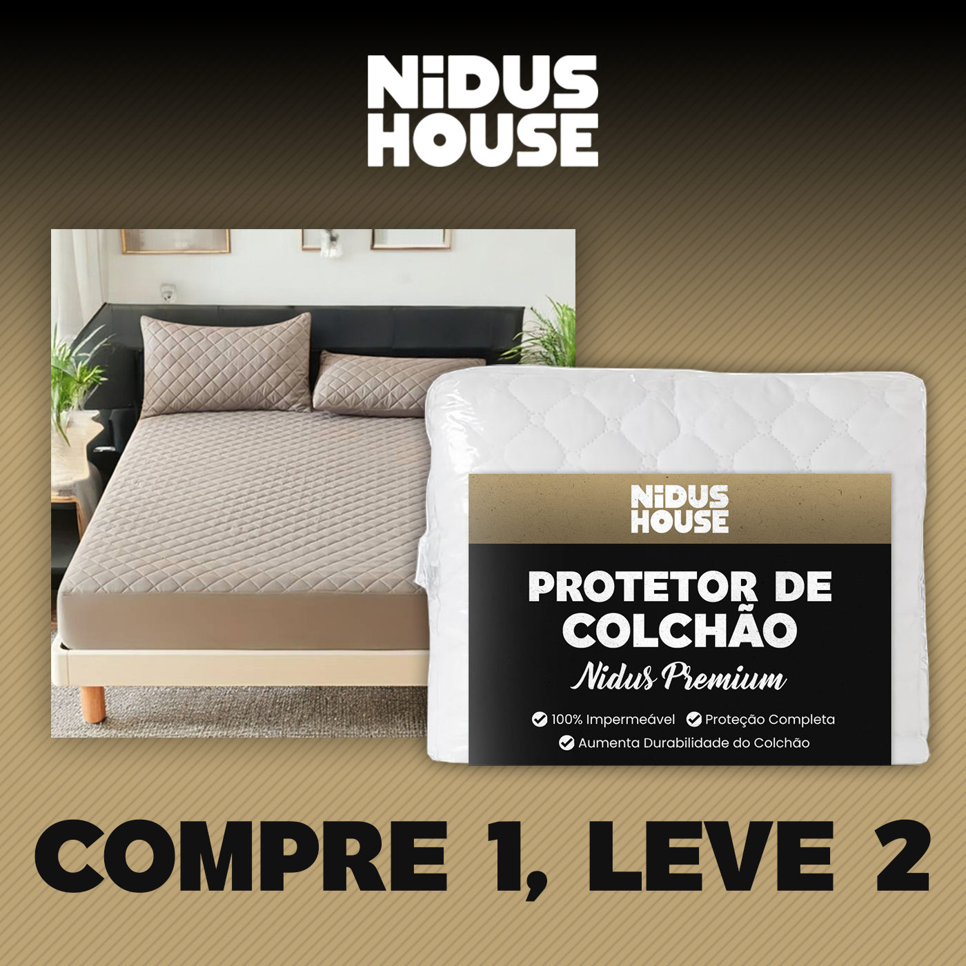 COMPRE 1 e LEVE 2 - Protetor de Colchão NIDUS - 100% Algodão - Impermeável + Brinde Fronhas Impermeáveis