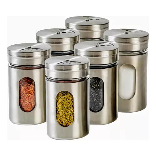 Kit 6 Porta Condimentos em Aço Inox e Vidro - Nidus