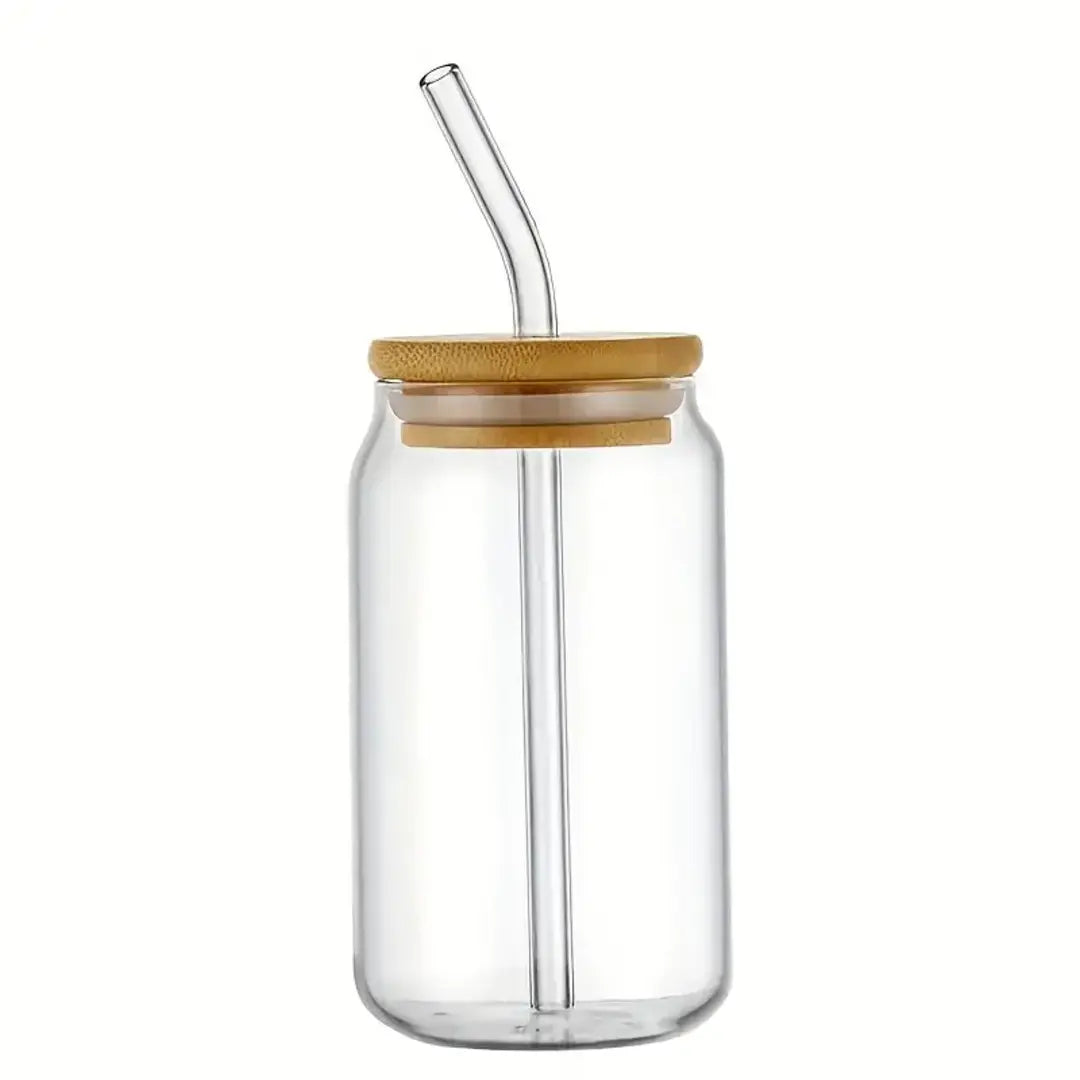 Copo de Vidro 500ml com Tampa de Bambu e Canudo Inox - Nidus
