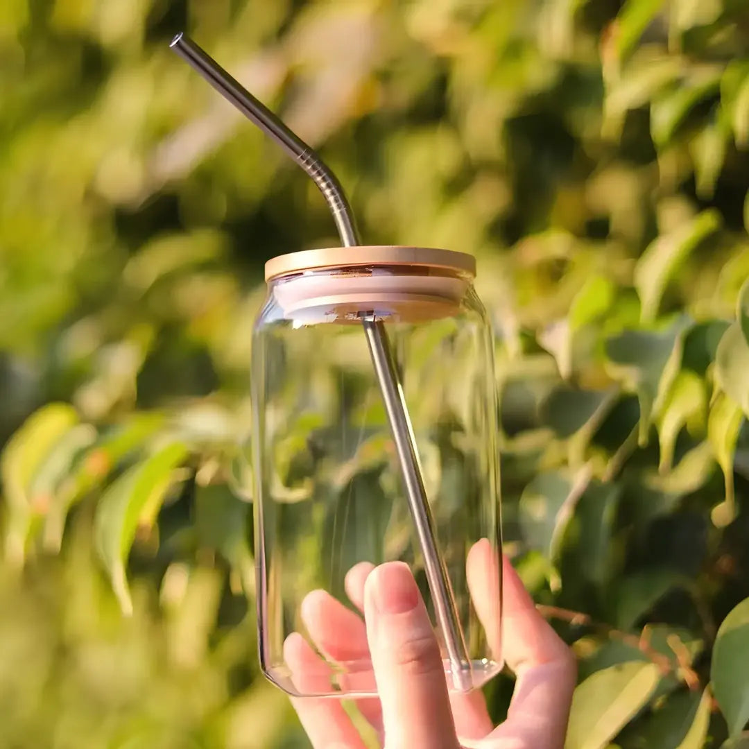 Copo de Vidro 500ml com Tampa de Bambu e Canudo Inox - Nidus