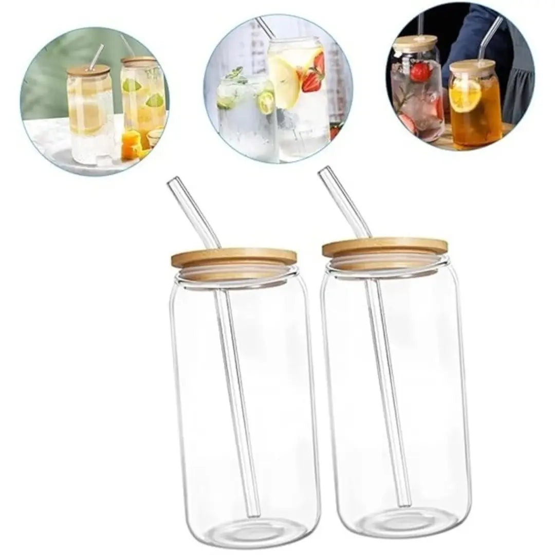 Copo de Vidro 500ml com Tampa de Bambu e Canudo Inox - Nidus