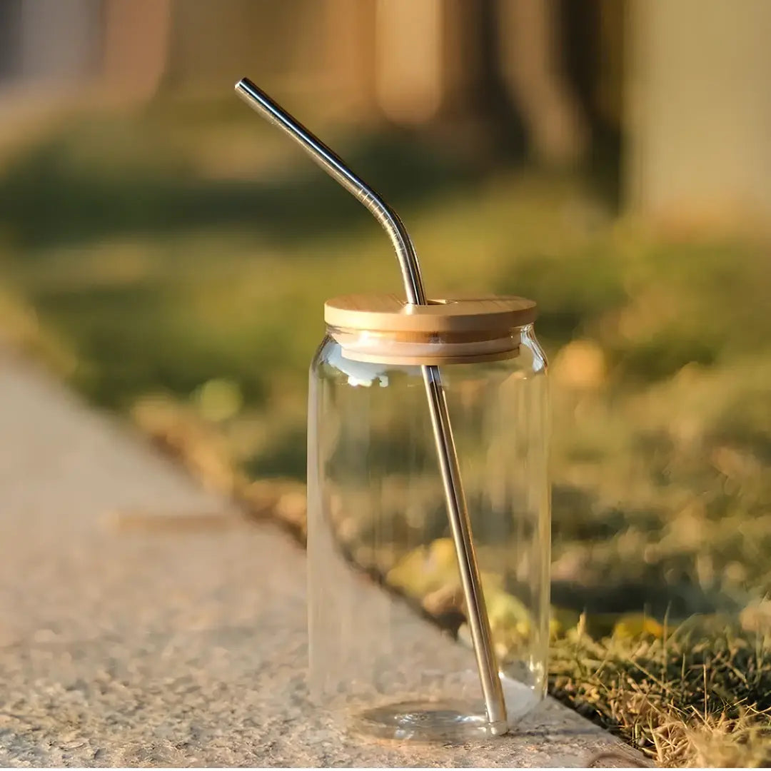 Copo de Vidro 500ml com Tampa de Bambu e Canudo Inox - Nidus