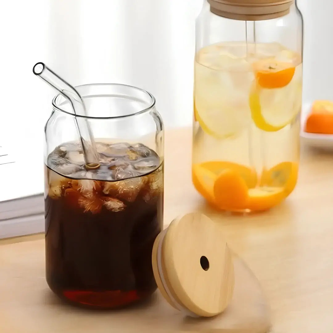 Copo de Vidro 500ml com Tampa de Bambu e Canudo Inox - Nidus