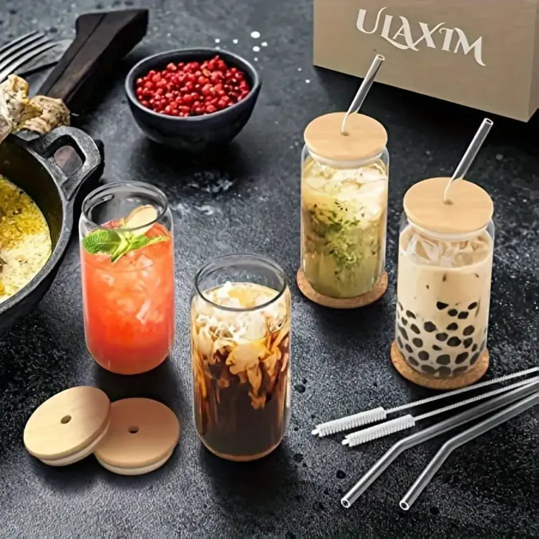 Copo de Vidro 500ml com Tampa de Bambu e Canudo Inox - Nidus