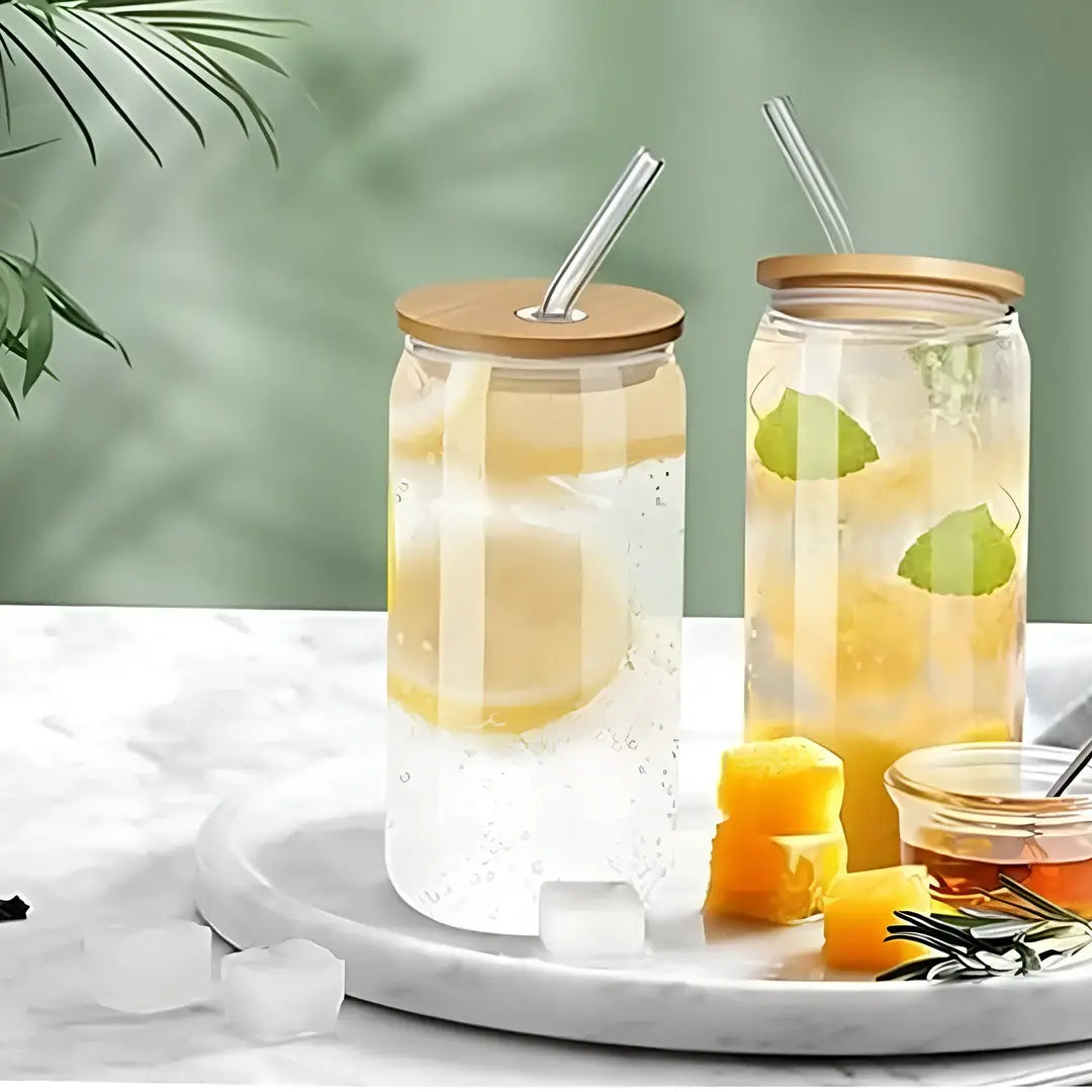 Copo de Vidro 500ml com Tampa de Bambu e Canudo Inox - Nidus