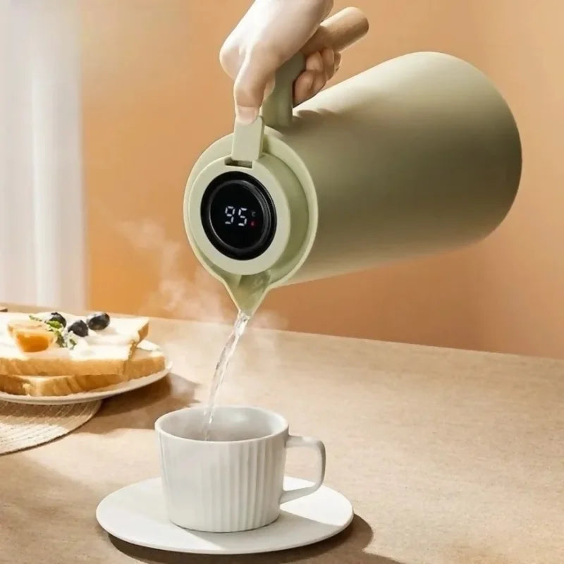 Garrafa Térmica Termometro Digital 1L Café Chá Com Cabo Madeira - Nidus