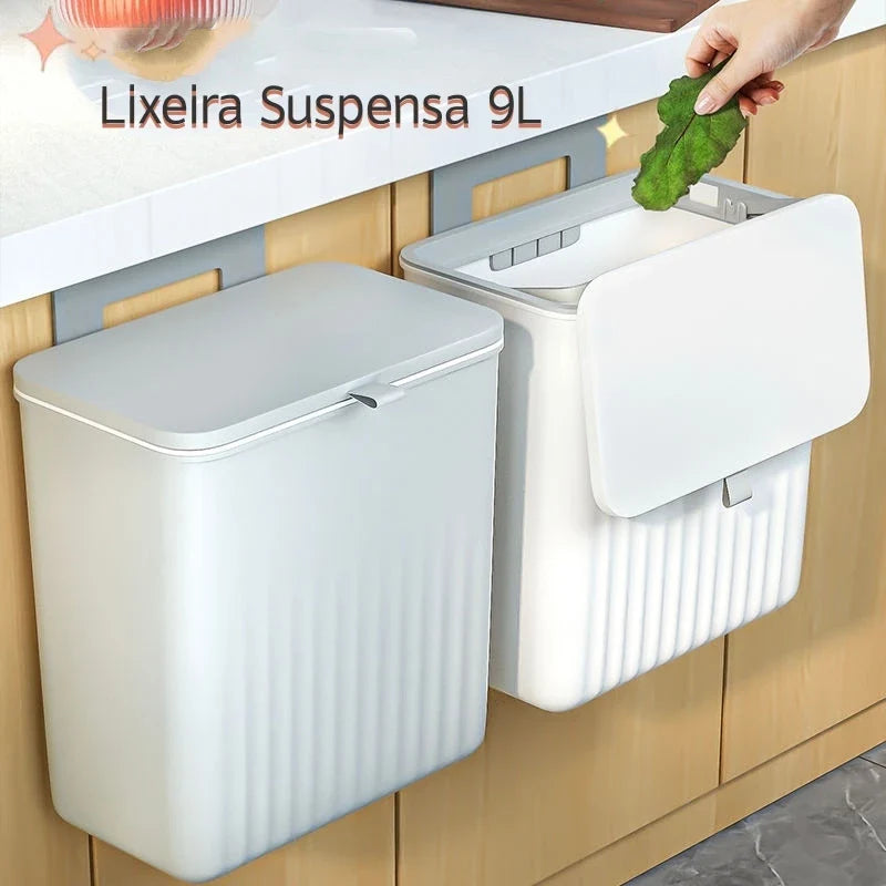 Lixeira Suspensa 9L com Tampa e Suporte – Para Cozinha e Banheiro - Nidus