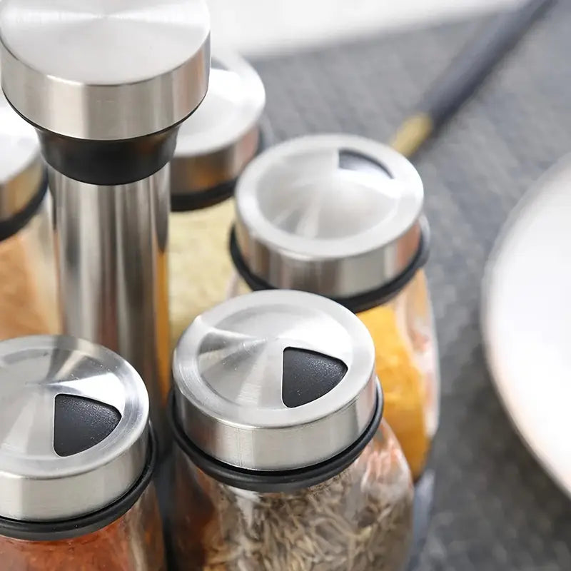 Porta-Temperos Giratório em Aço Inox com 6 Potes de Vidro - Nidus
