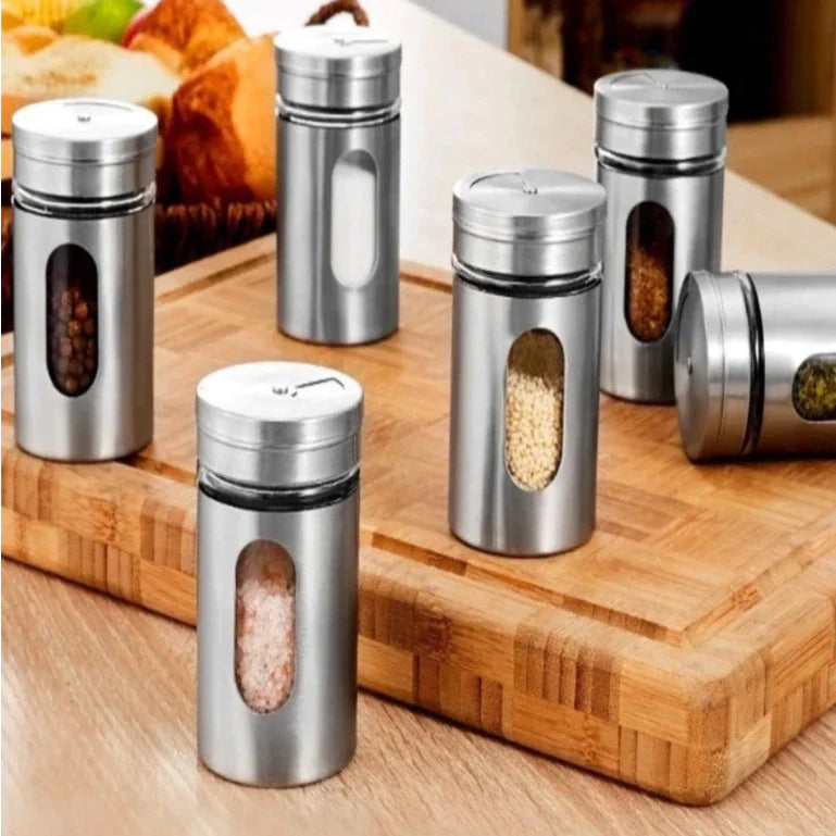 Kit 6 Porta Condimentos em Aço Inox e Vidro - Nidus
