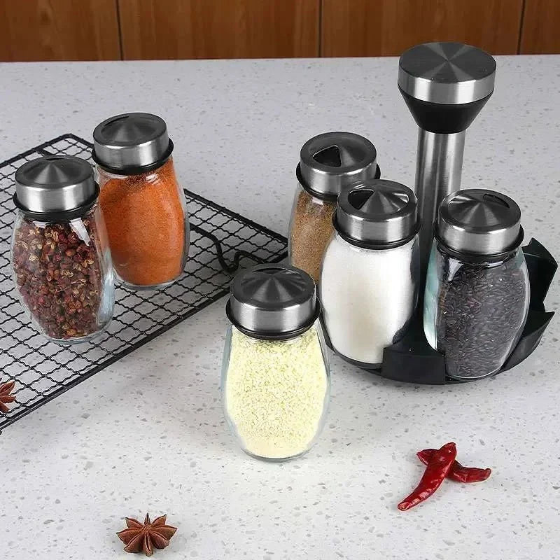 Porta-Temperos Giratório em Aço Inox com 6 Potes de Vidro - Nidus