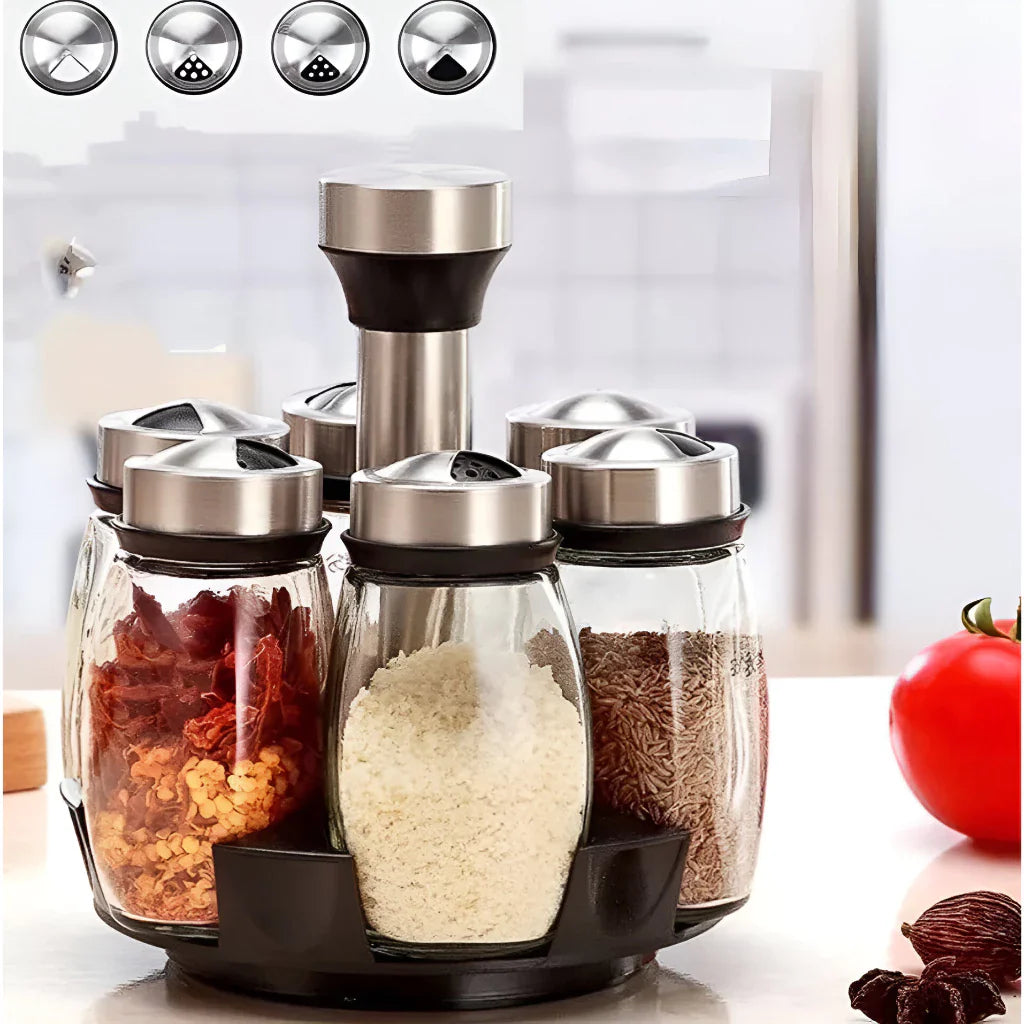 Porta-Temperos Giratório em Aço Inox com 6 Potes de Vidro - Nidus