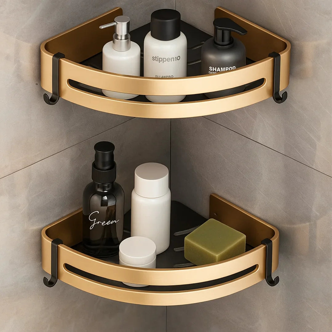 Kit 2 Prateleira Para Banheiro Em Alumínio Preto Com Dourado - Nidus