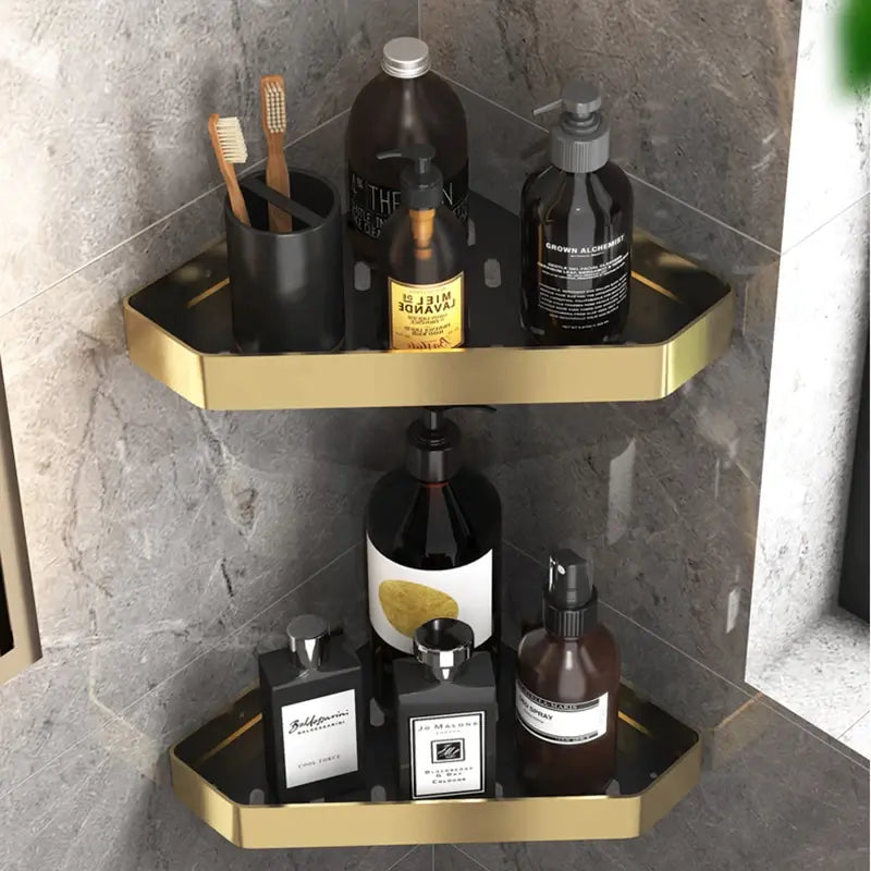 Kit 2 Prateleira Para Banheiro Em Alumínio Preto Com Dourado - Nidus