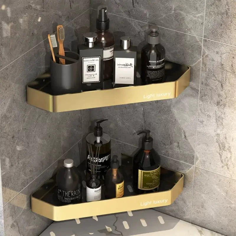 Kit 2 Prateleira Para Banheiro Em Alumínio Preto Com Dourado - Nidus