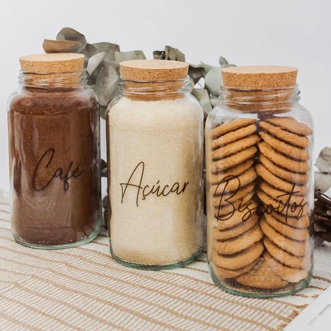 3 Potes de Vidro 810ml com Tampa de Rolha e Adesivos para Café, Açúcar e Biscoitos - Nidus