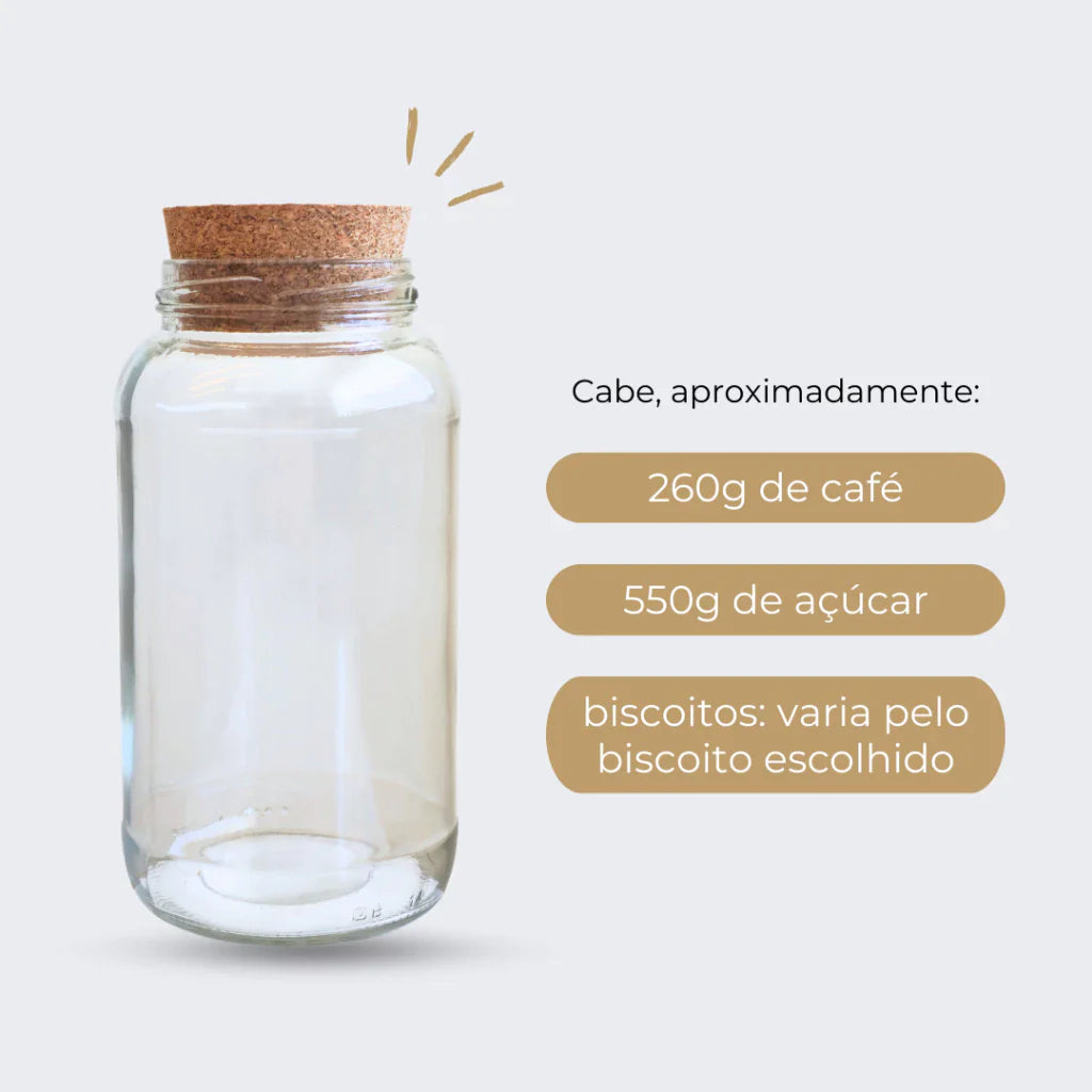 3 Potes de Vidro 810ml com Tampa de Rolha e Adesivos para Café, Açúcar e Biscoitos - Nidus