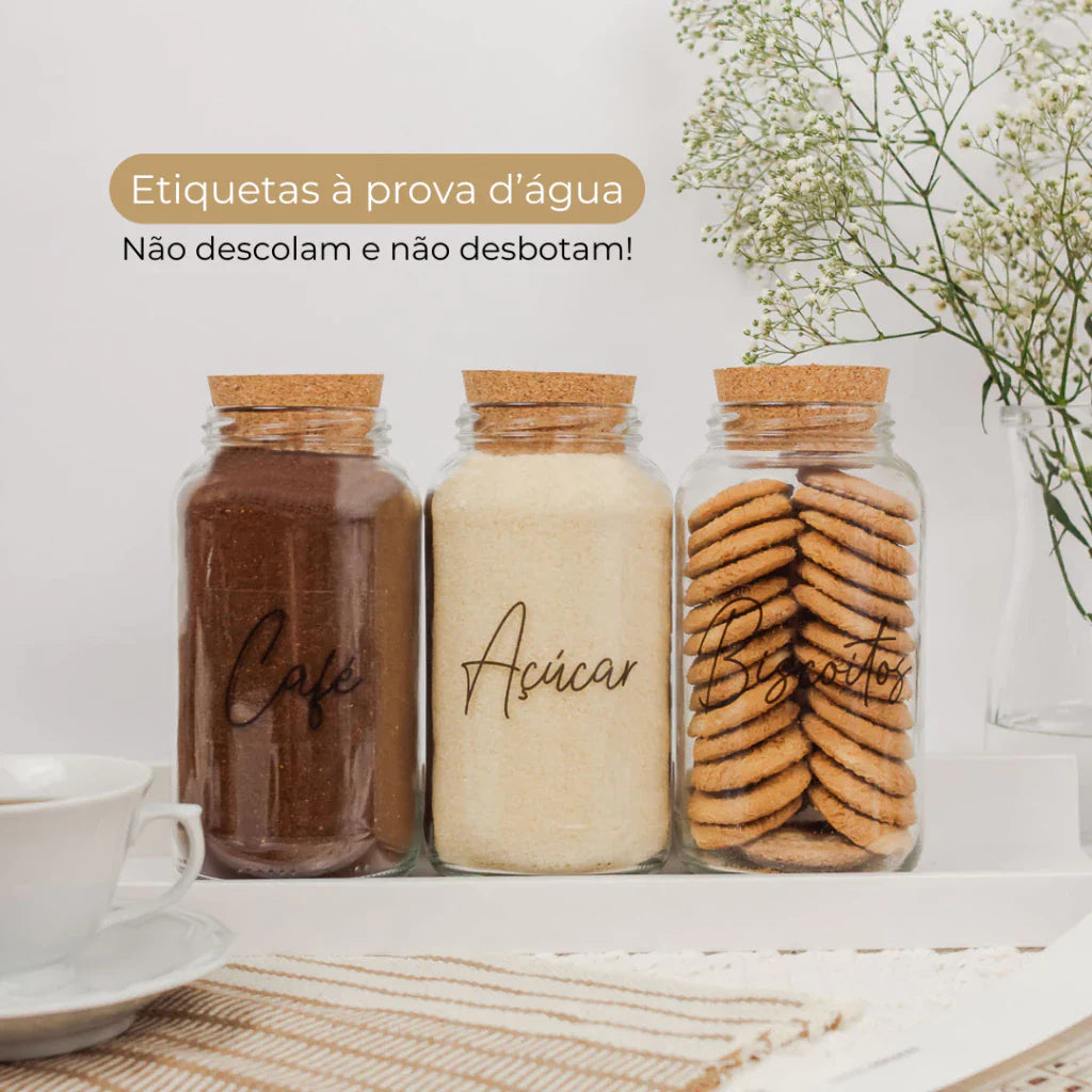 3 Potes de Vidro 810ml com Tampa de Rolha e Adesivos para Café, Açúcar e Biscoitos - Nidus