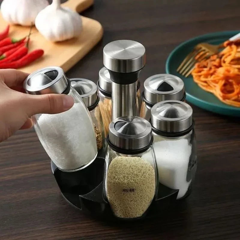 Porta-Temperos Giratório em Aço Inox com 6 Potes de Vidro - Nidus