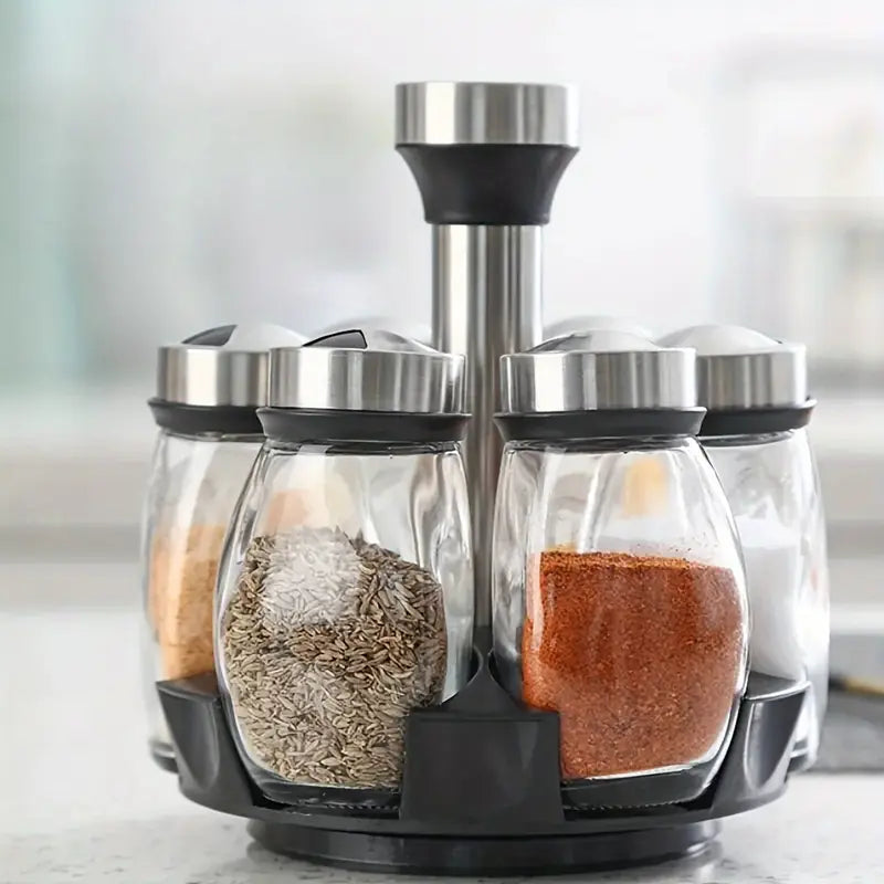 Porta-Temperos Giratório em Aço Inox com 6 Potes de Vidro - Nidus